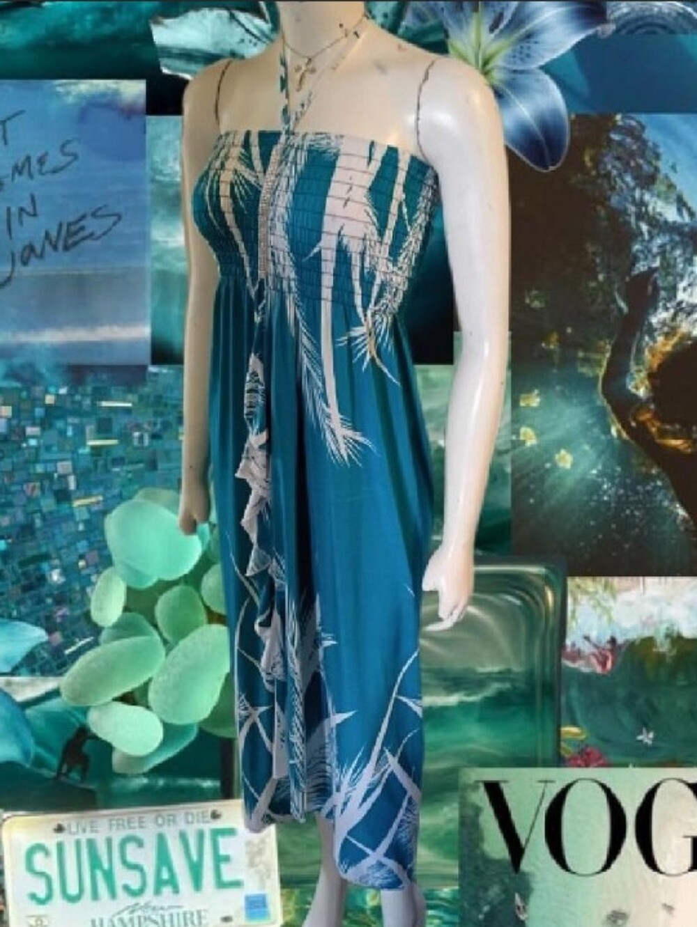 2010's Teal & White Tropical Print Asymmetrical Ruffled Trim Maxi Dress Sz M